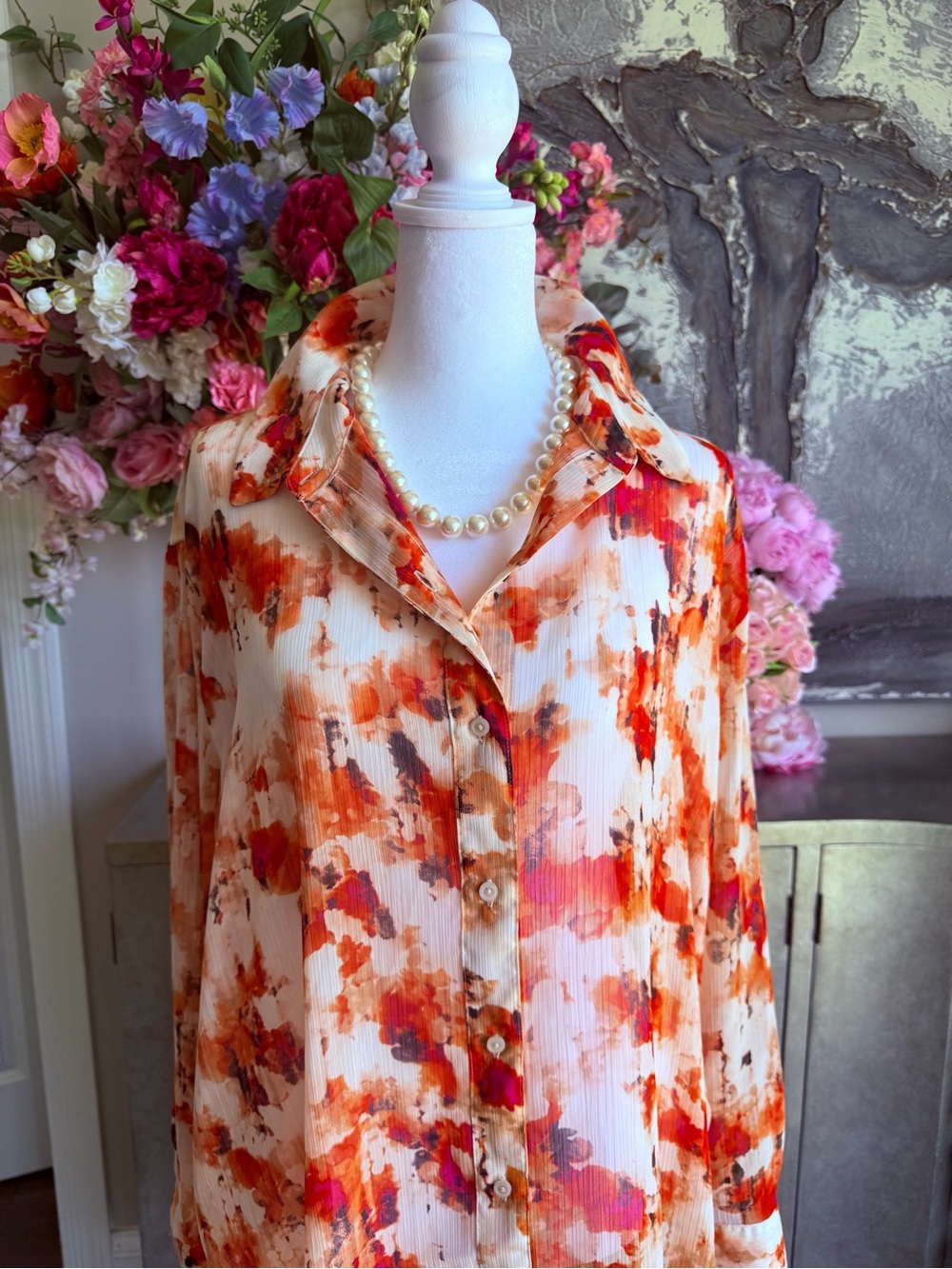 DKNY Cream Blouse with Orange and Red Watercolor Print